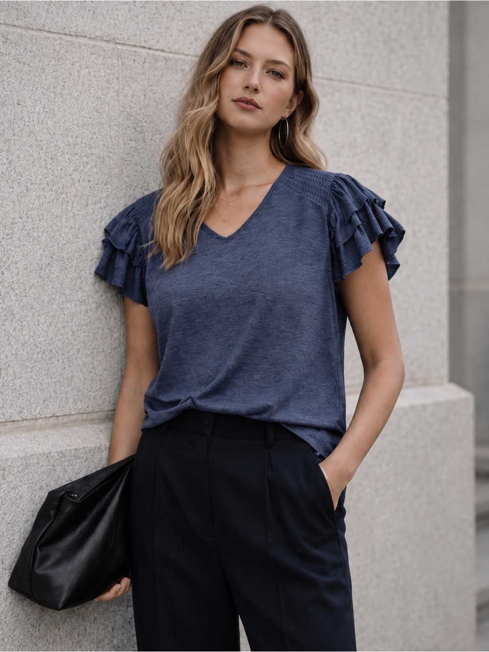 STEAL Dokotoo Ruffle Sleeve V-Neck Top | Women’s XXL | Navy Blue | NWT